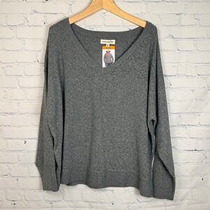 Lucky Brand Womens V-Neck Sweater Heathered Grey Long Sleeve Pullover XXL New